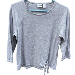 Chico’s size S tie front knit top in grey & white pinstripes